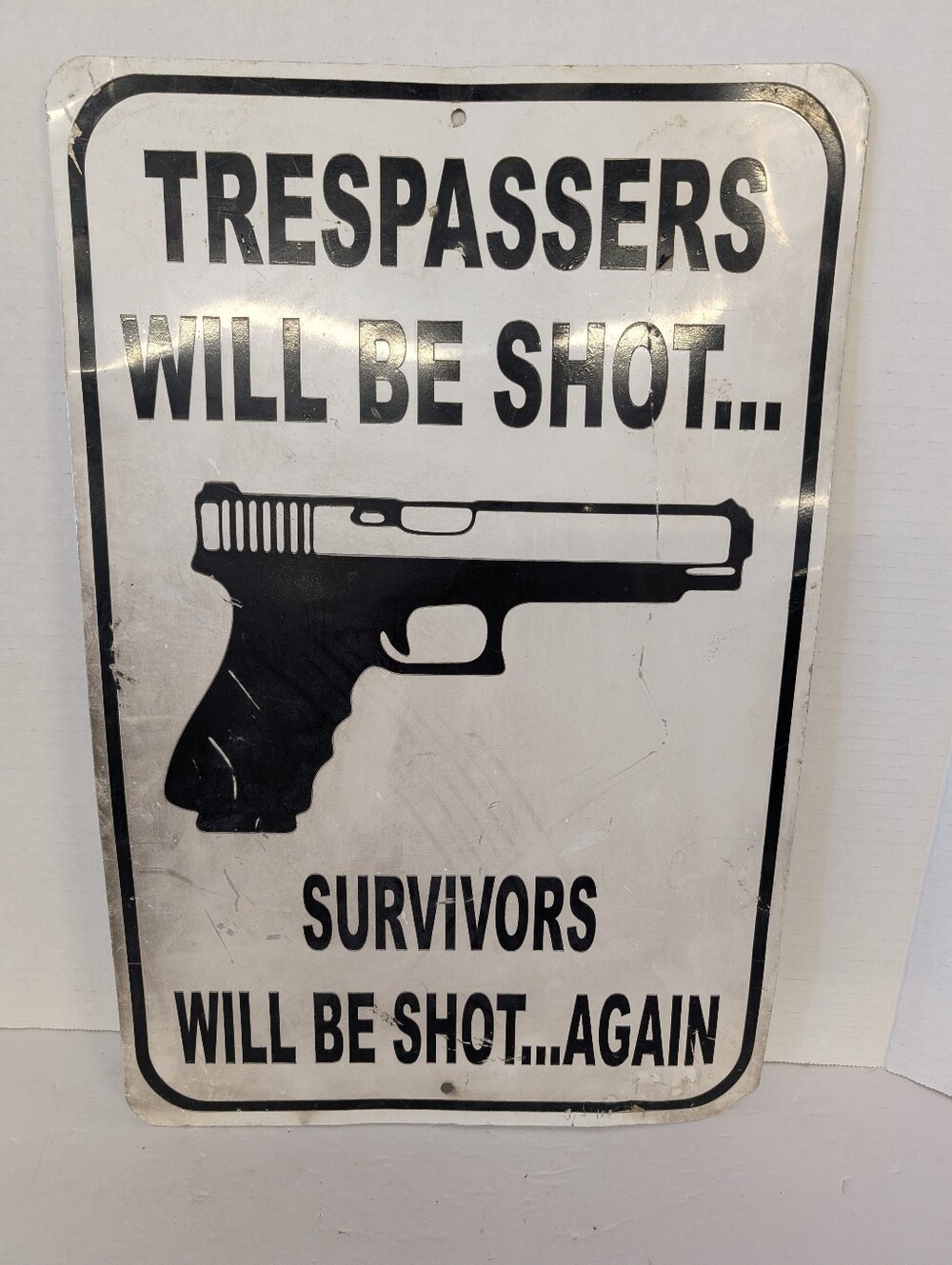 Vintage Metal Warning Sign - Black & White Rustic Farmhouse